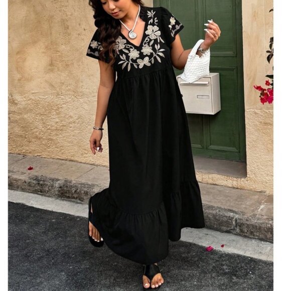 Plus Floral Embroidered Frill Neck Short Sleeve Ruffle Hem Dress - Picture 1 of 8